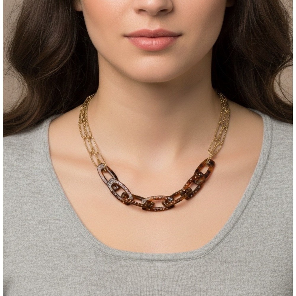 Gold Tone Tortoise Shell Acrylic Chain Link Necklace Rhinestone Accents‎